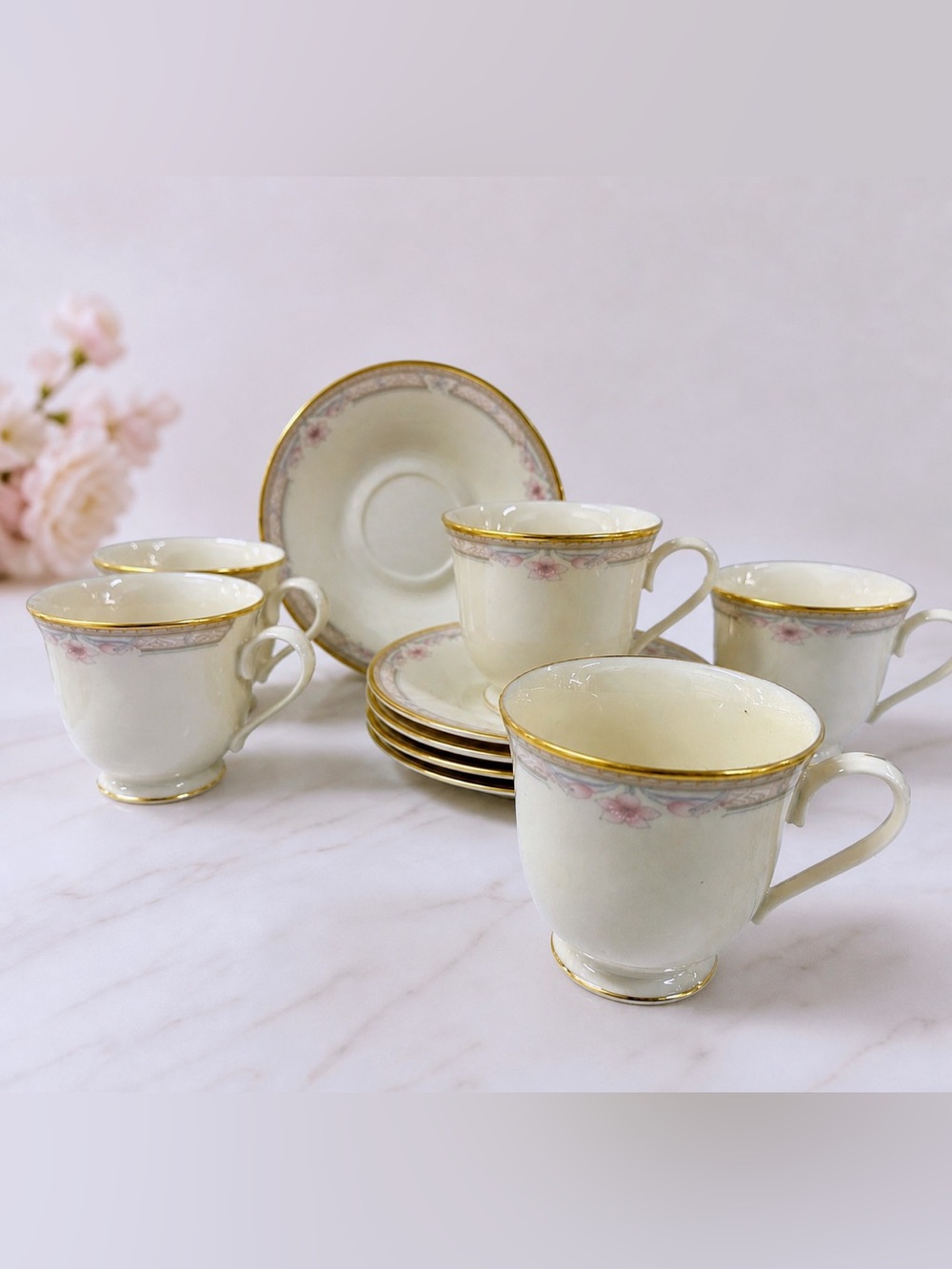 Lenox Bellaire Cups & Saucers Montclair Set 5 Ivory Gold Trim USA Mint Vintage